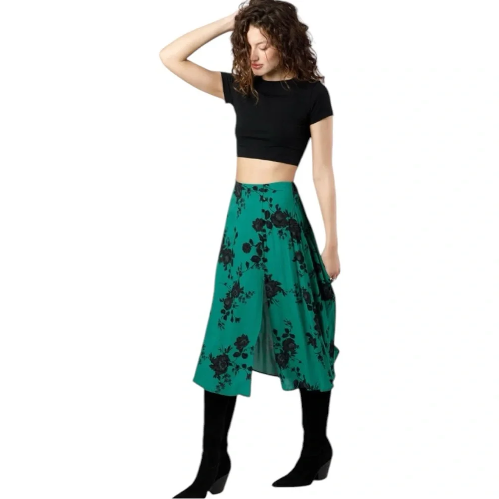 Band of Gypsies Green Floral Midi Skirt with Side Slit